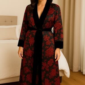 Morgan Taylor  RedFloral Kimono Robe Velour Trim Gothic Renaissance Pickets S/M